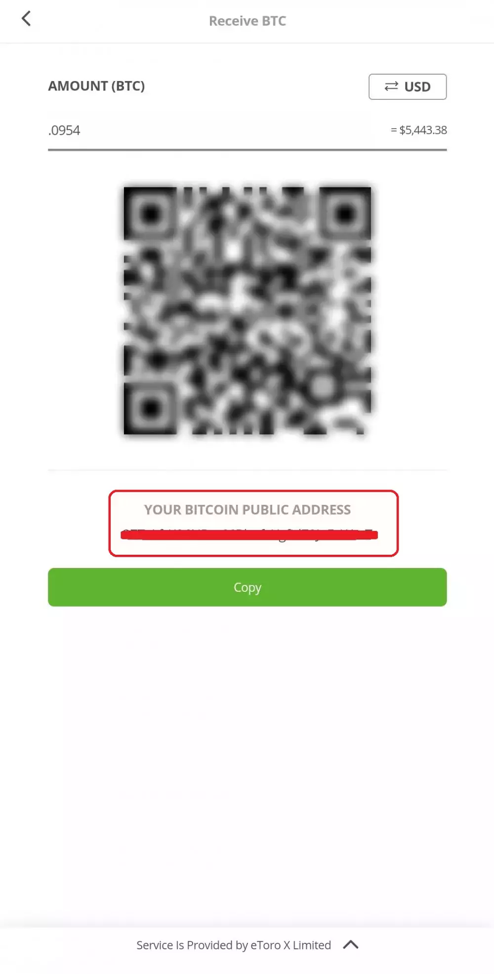 Публичный адрес биткоина (BTC) на кошельке eToro Wallet